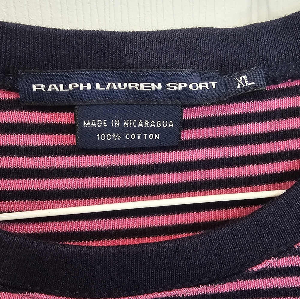 Ralph Lauren Sport Women's 100% Cotton Sport Navy and Pink Striped Tee Size--XL - Picture 4 of 8